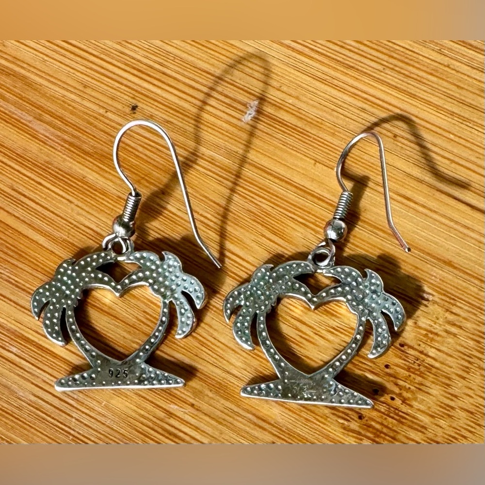 925 Sterling Silver Blue Opal Heart/Palm Tree Shape Dangle Earrings French Wire - Picture 5 of 10